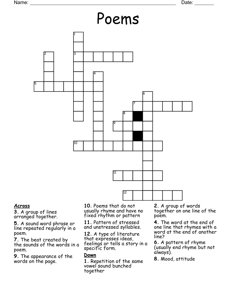 Poems Crossword