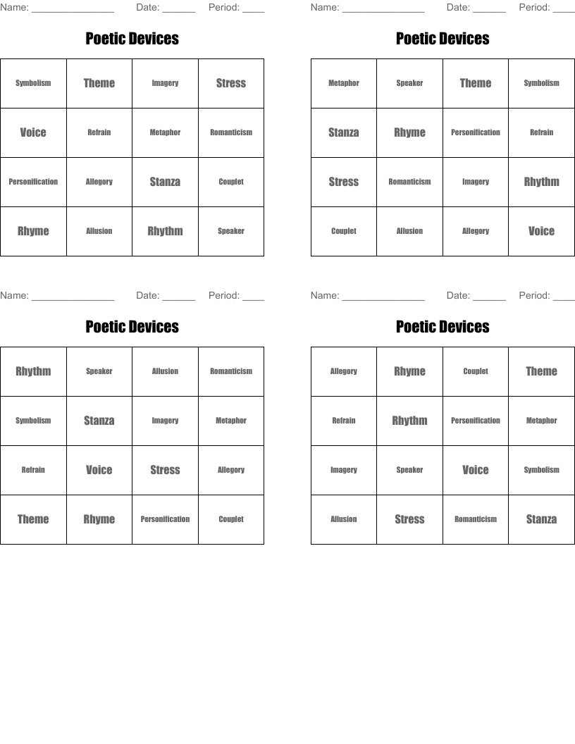 Poetic Devices Bingo Cards