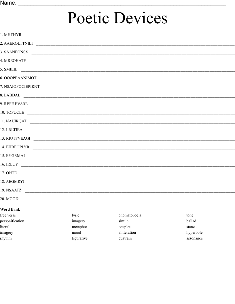 Poetic Devices Word Scramble