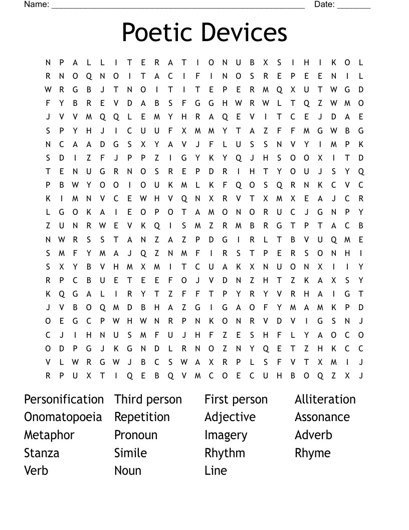 Poetic Devices Word Search