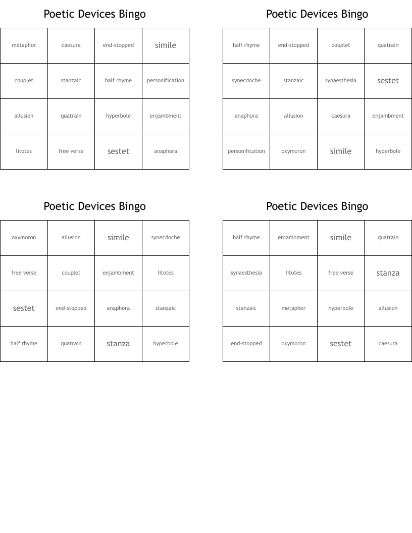 Poetic Devices Bingo