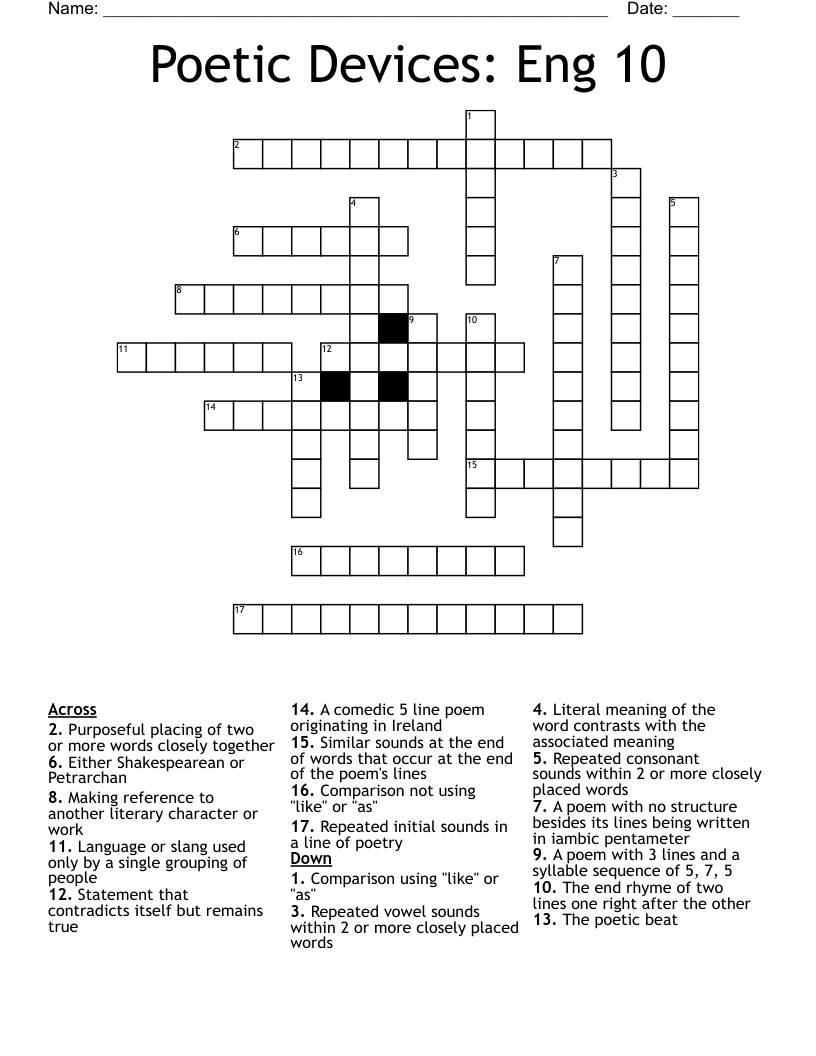 Poetic Devices: Eng 10 Crossword