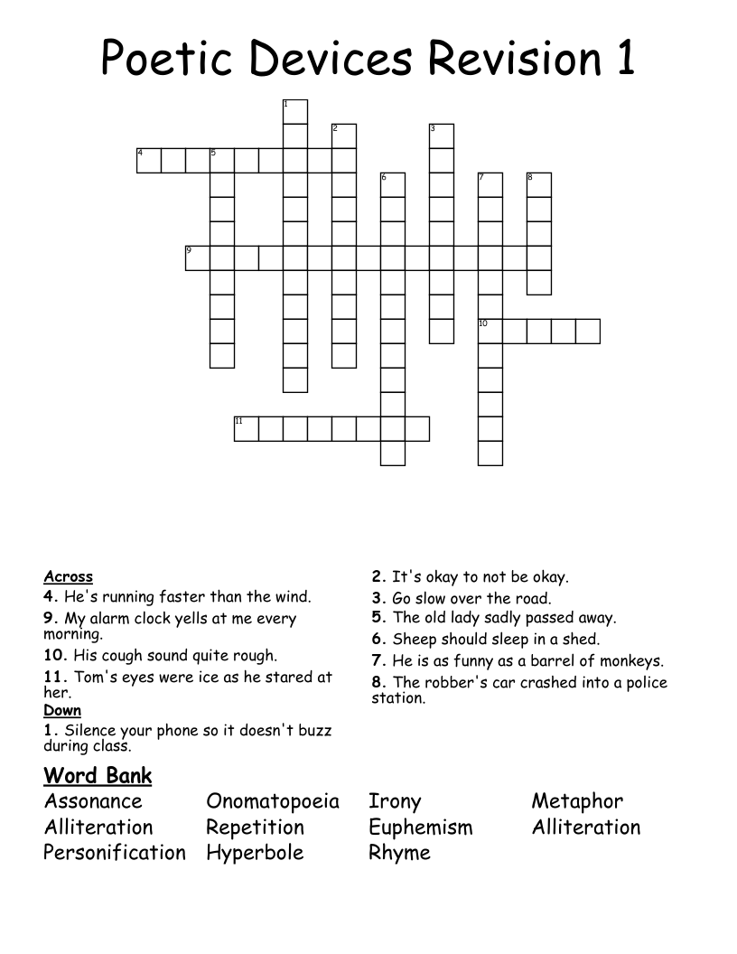 Poetic Devices Revision 1 Crossword