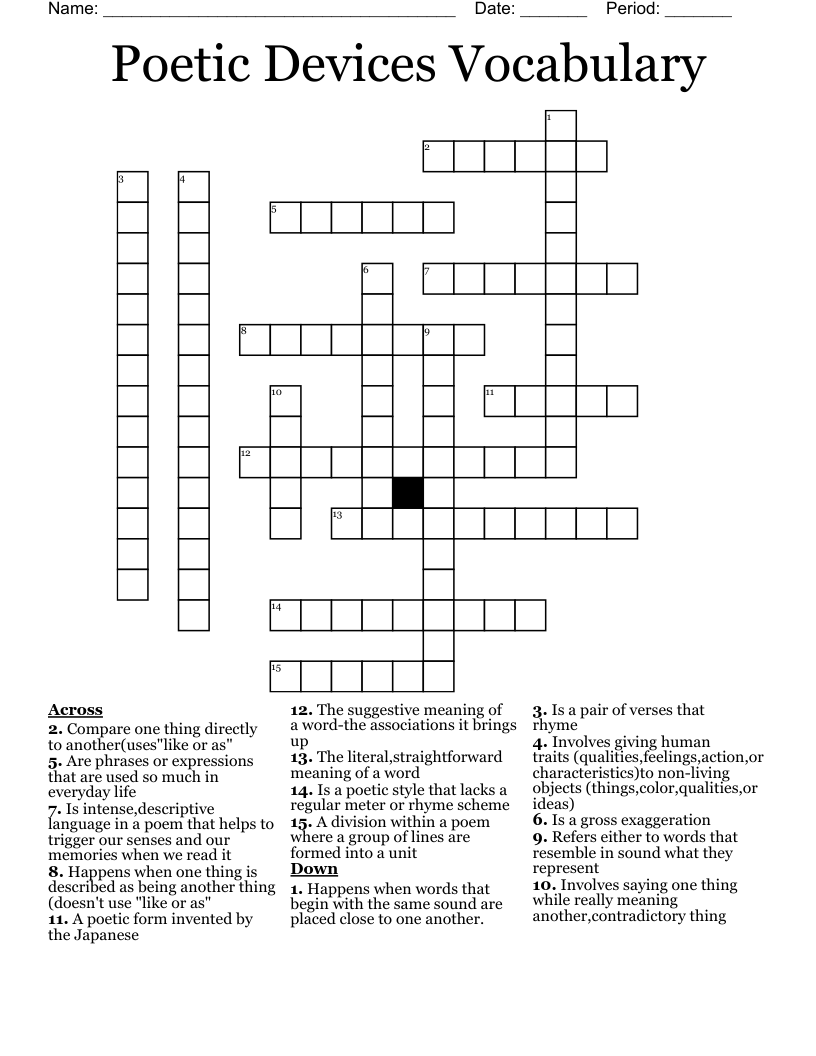 Poetic Devices Vocabulary Crossword