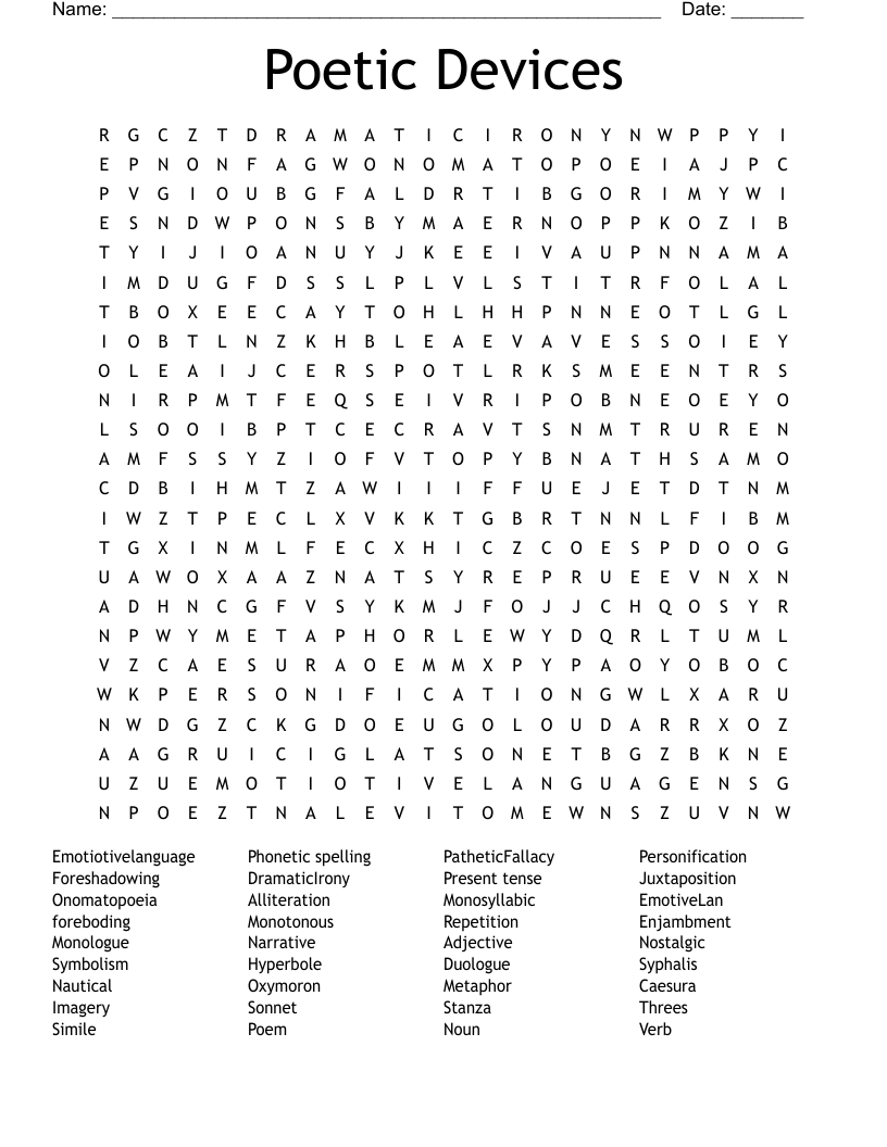 Poetic Devices  Word Search