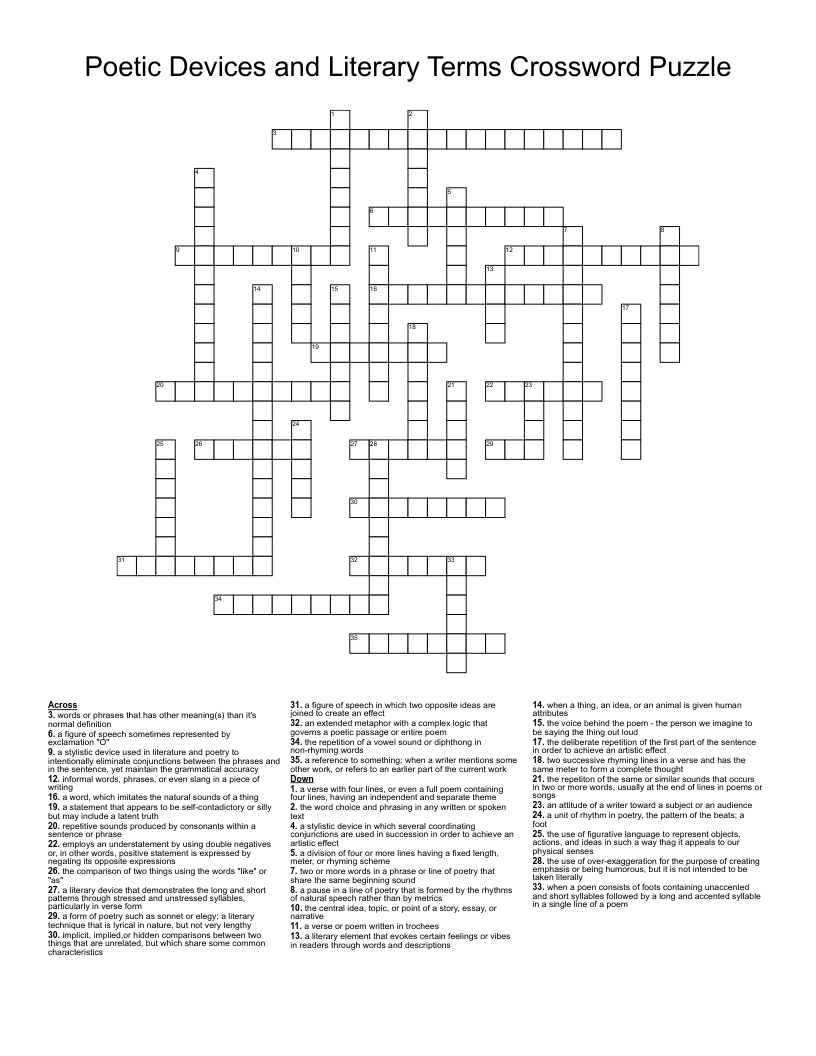 Poetic Devices and Literary Terms Crossword Puzzle