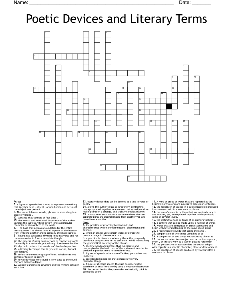 Poetic Devices and Literary Terms  Crossword