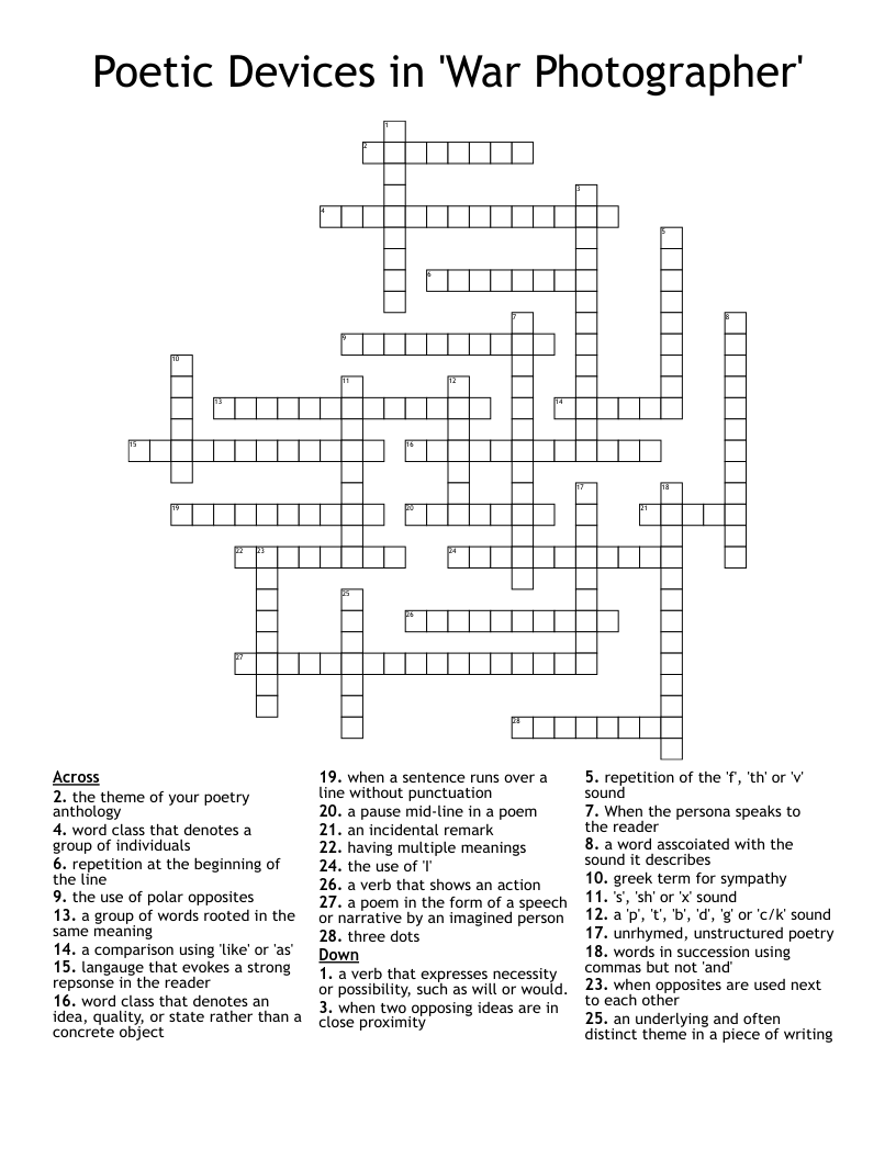 Poetic Devices in 'War Photographer' Crossword