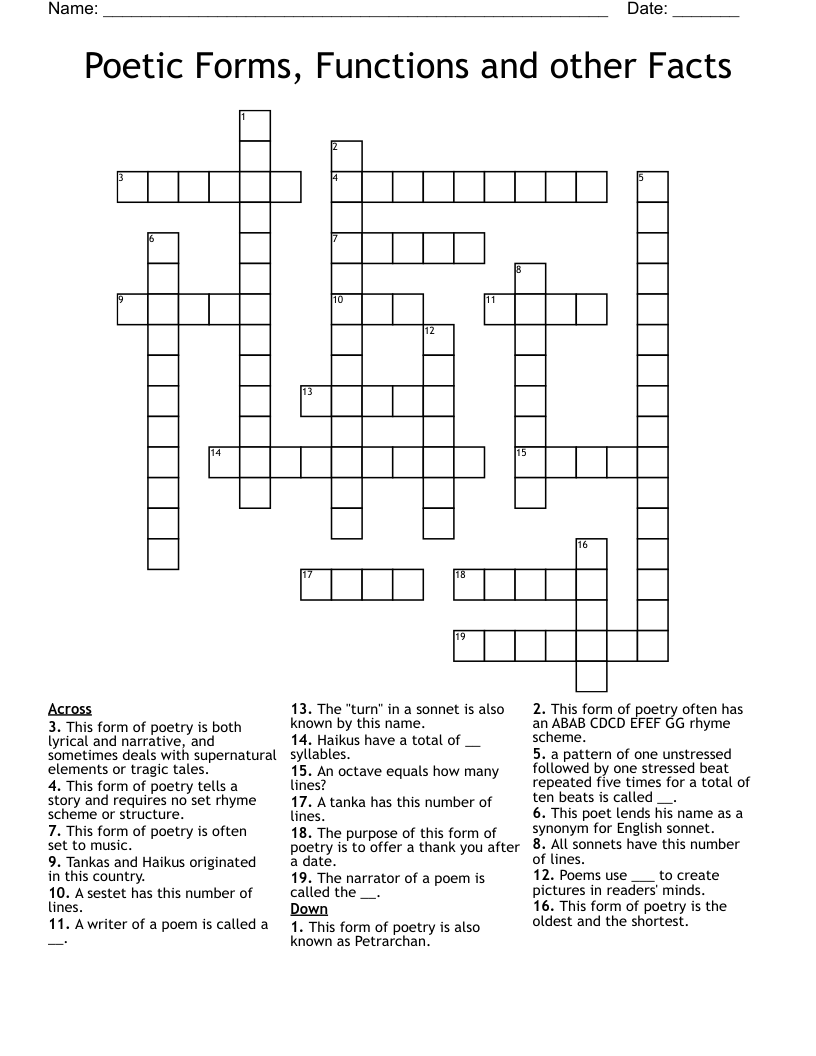 Poetic Forms, Functions and other Facts Crossword