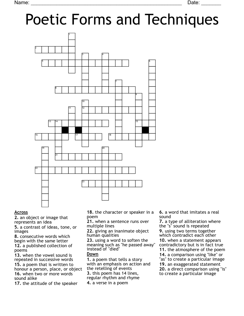 Poetic Forms and Techniques Crossword