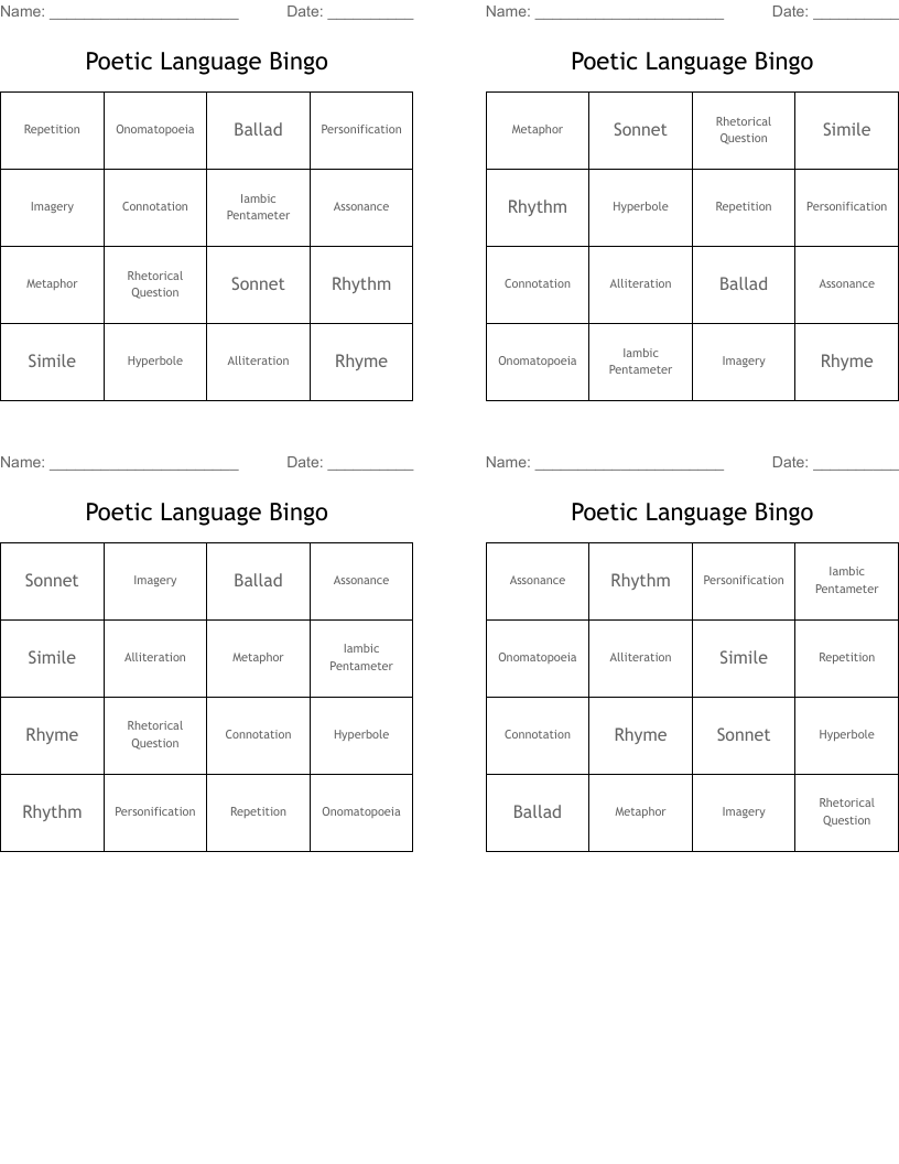 Poetic Language Bingo