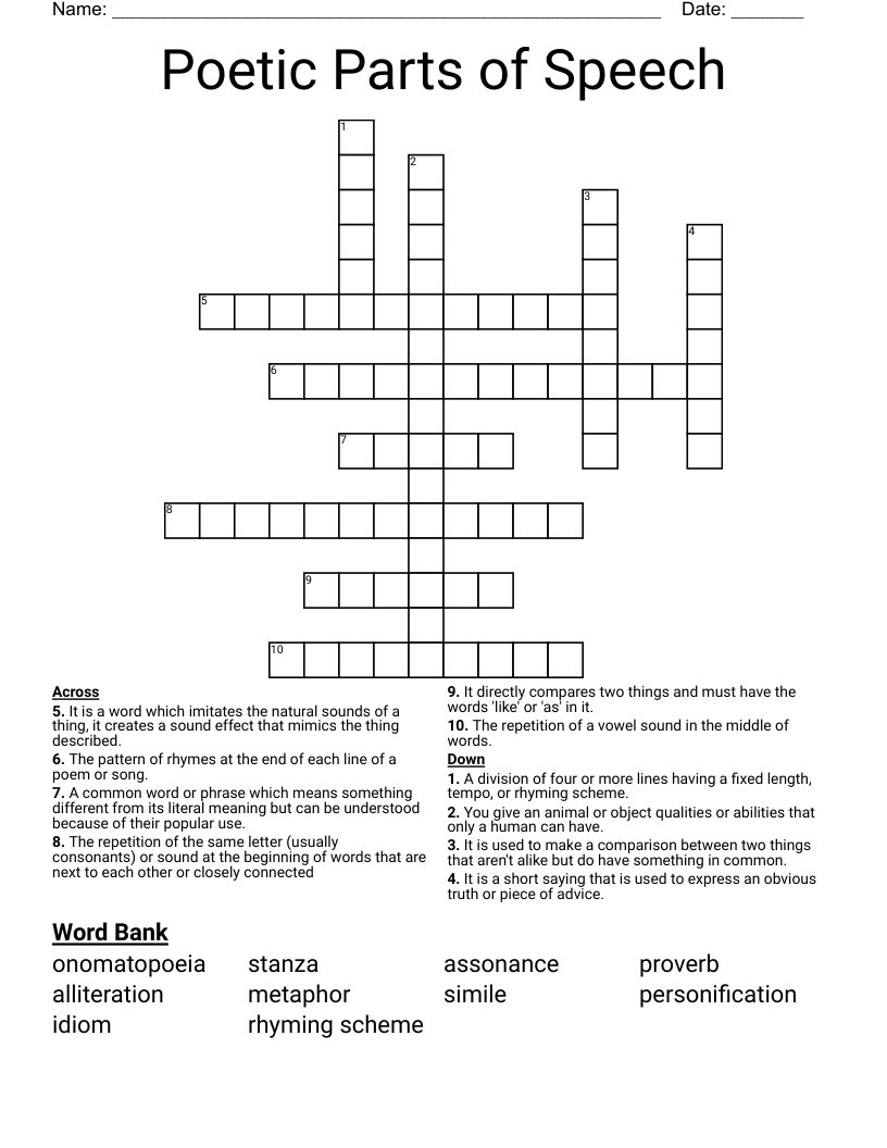 Poetic Parts of Speech Crossword