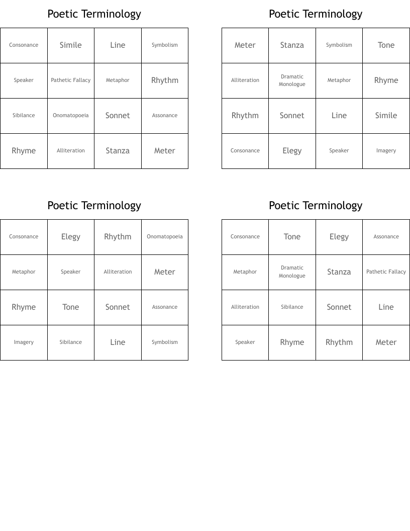 Poetic Terminology Bingo Cards