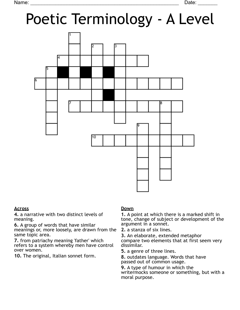 Poetic Terminology - A Level Crossword