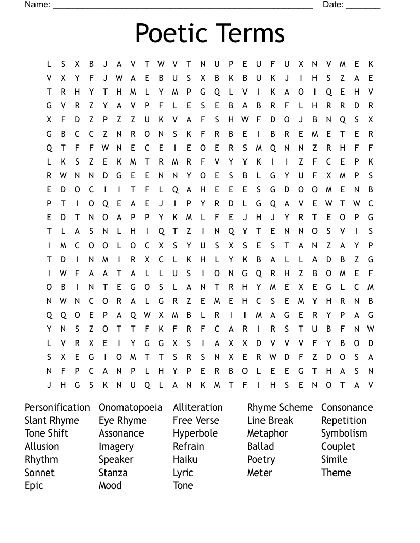 Poetic Terms Word Search