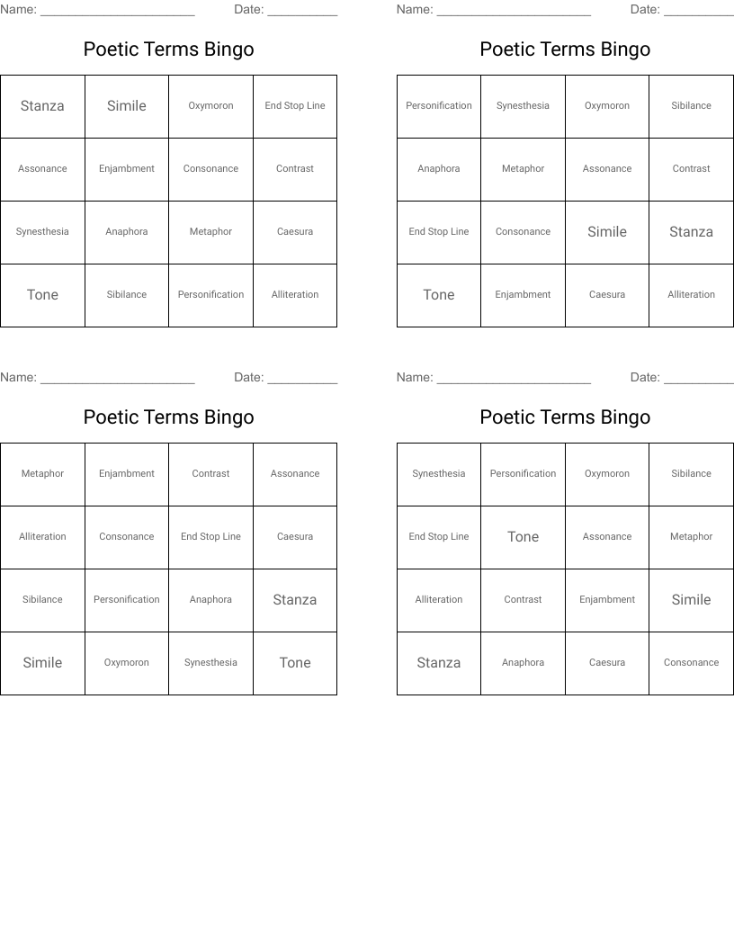 Poetic Terms Bingo