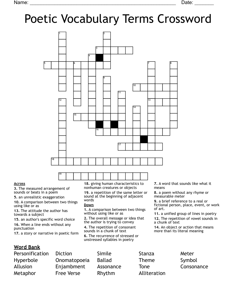 Poetic Vocabulary Terms Crossword