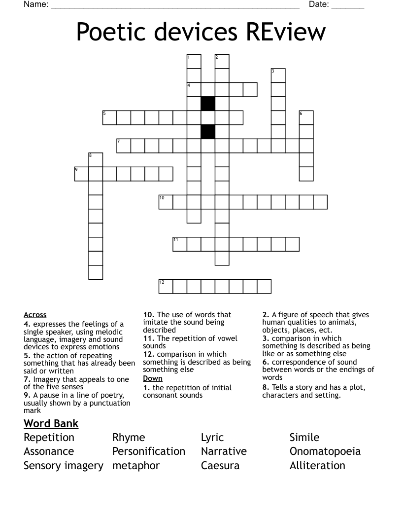Poetic devices REview Crossword
