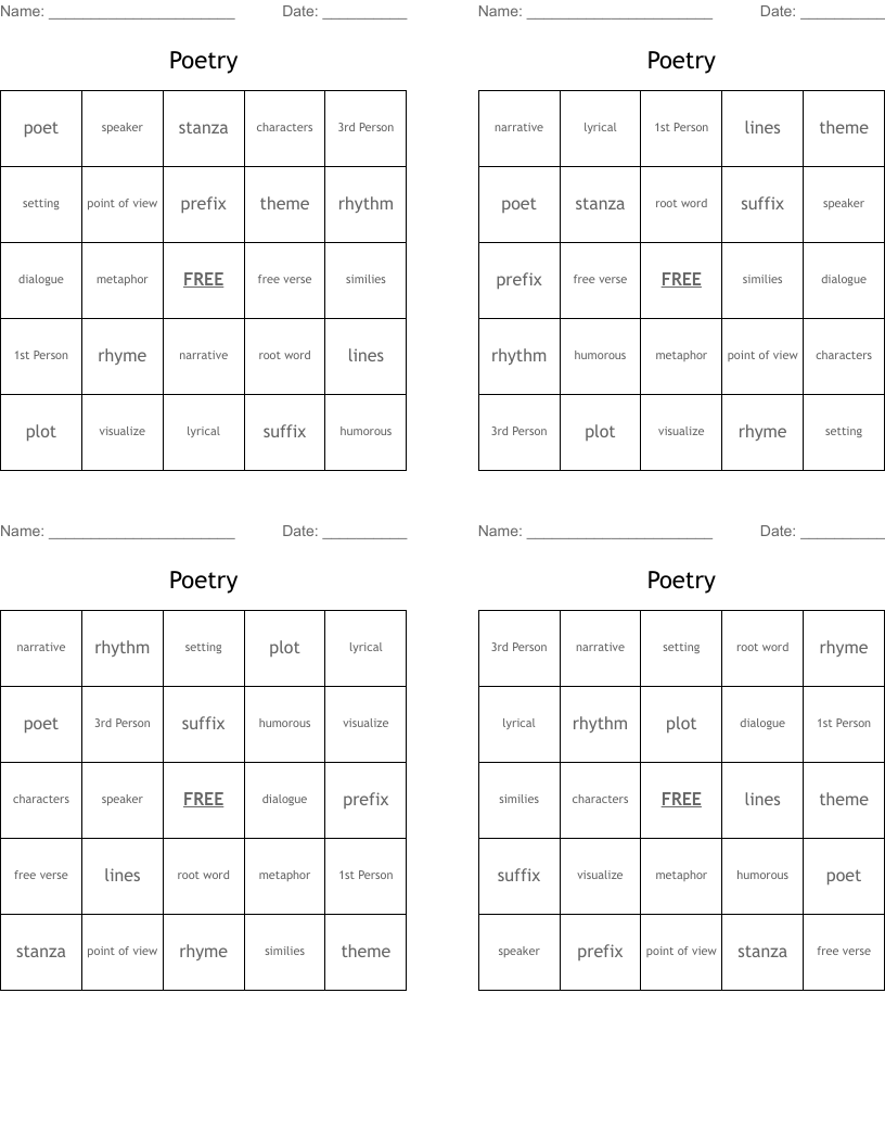 Poetry Bingo Cards