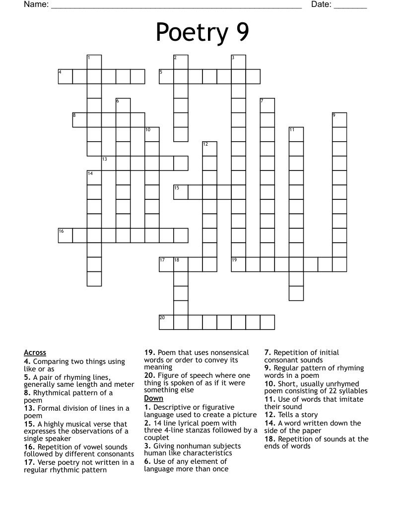 Poetry 9 Crossword