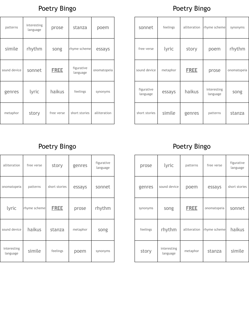 Poetry Bingo