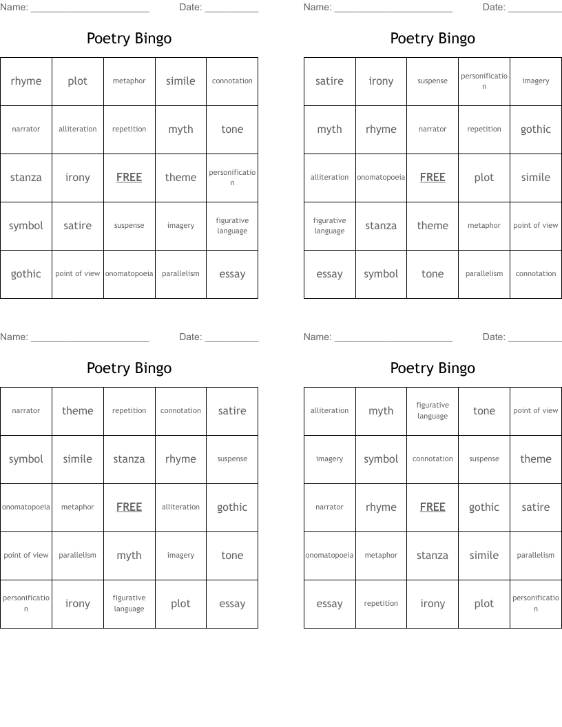 Poetry Bingo