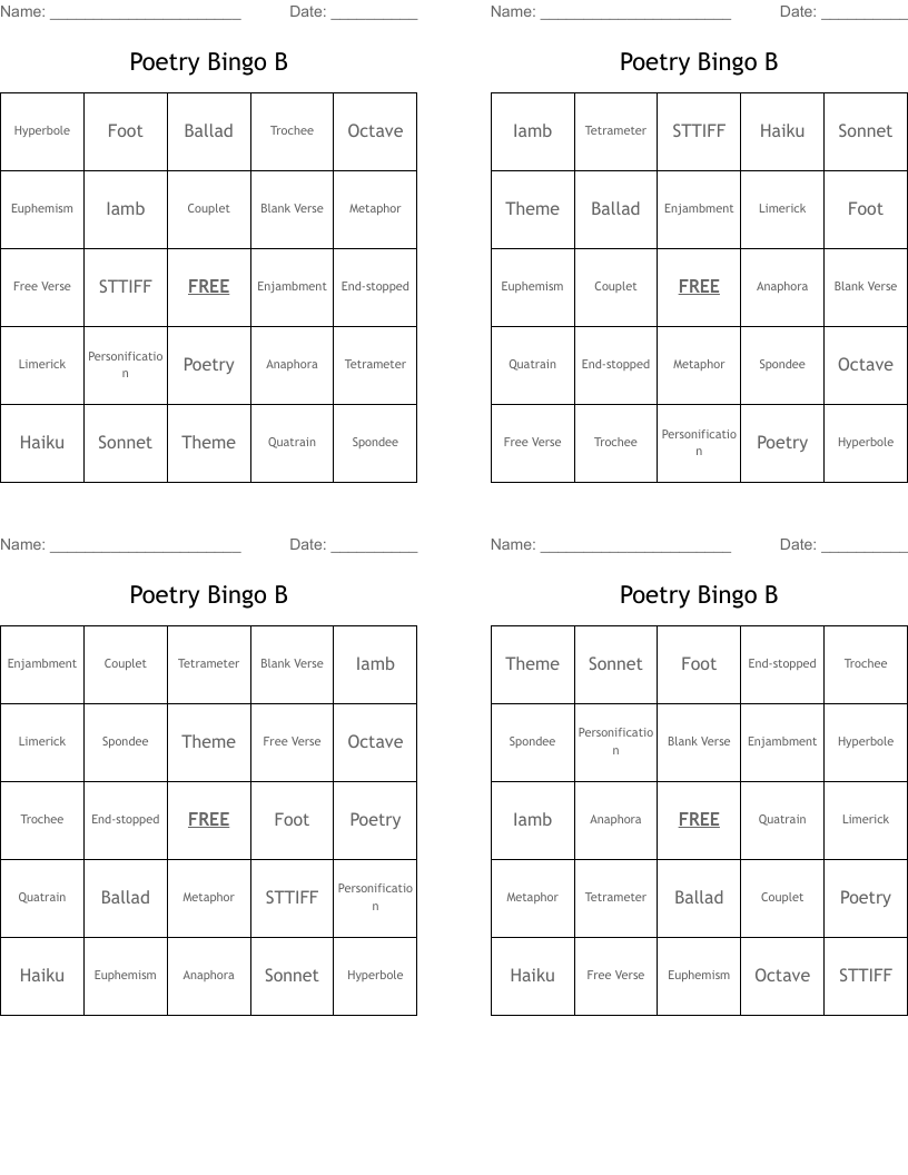 Poetry Bingo B