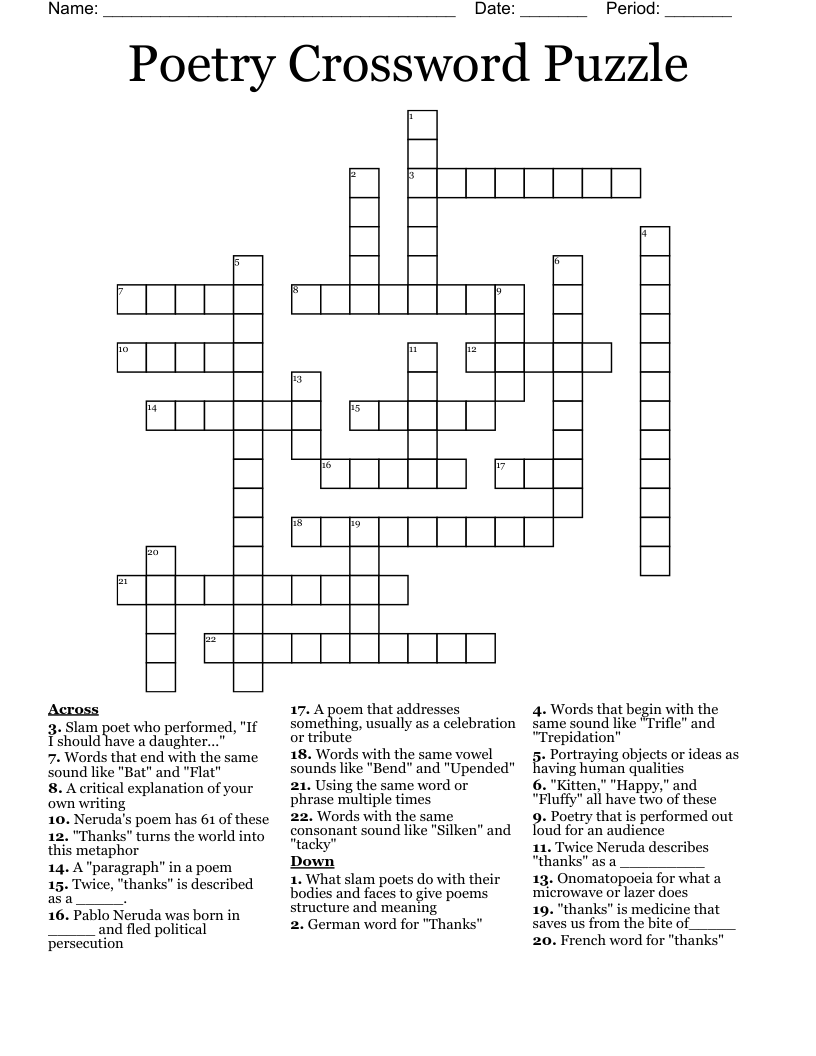 Poetry Crossword Puzzle