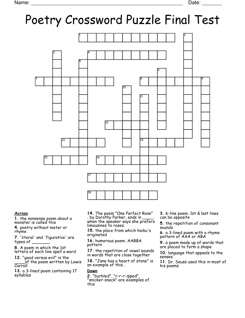 Poetry Crossword Puzzle Final Test