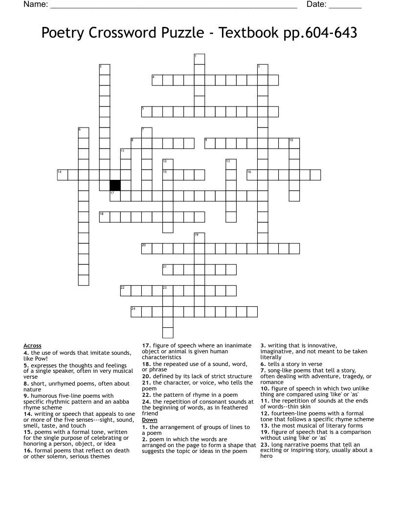 Poetry Crossword Puzzle - Textbook pp.604-643