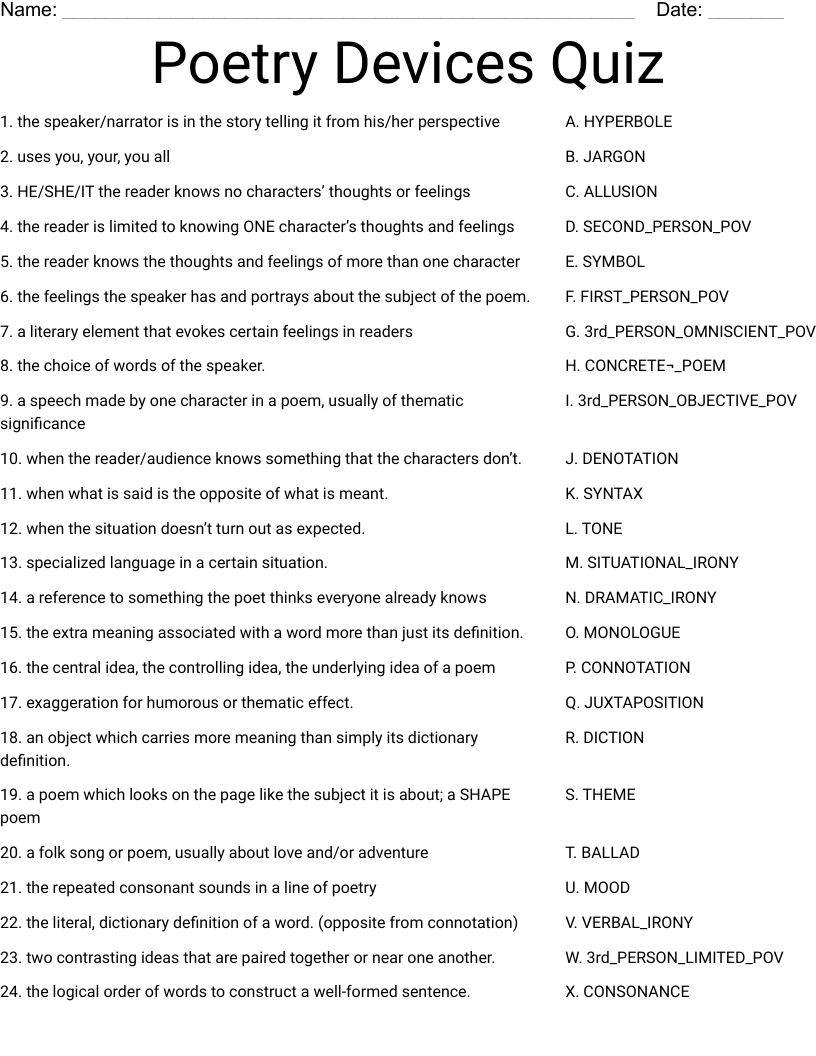 Poetry Devices Quiz Worksheet