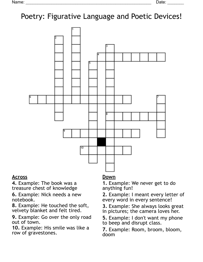 Poetry: Figurative Language and Poetic Devices! Crossword