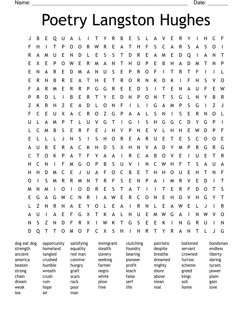 Poetry Langston Hughes Word Search