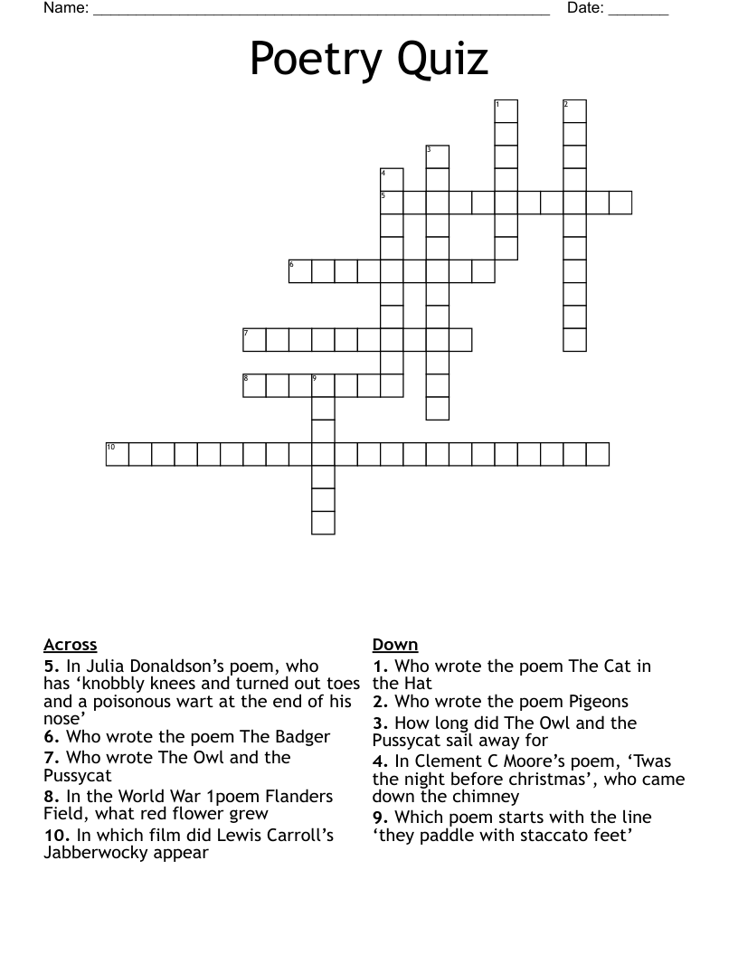 Poetry Quiz Crossword