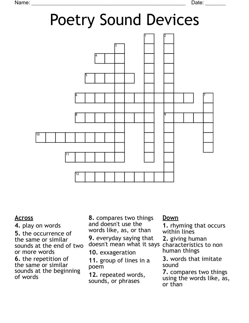 Poetry Sound Devices  Crossword