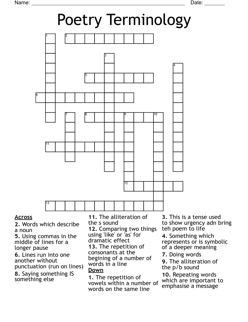 Poetry Terminology Crossword