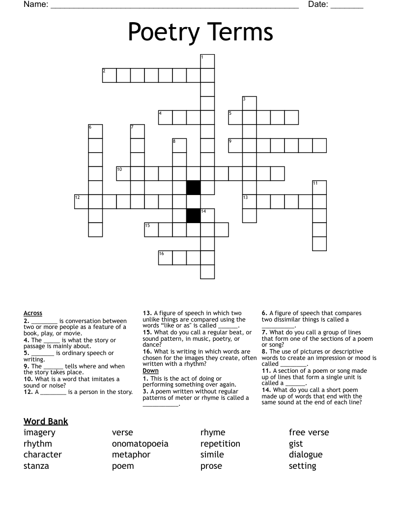 Poetry Terms Crossword