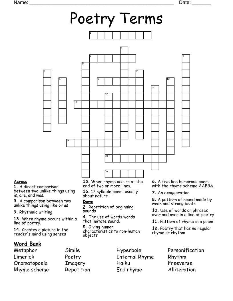 Poetry Terms Crossword