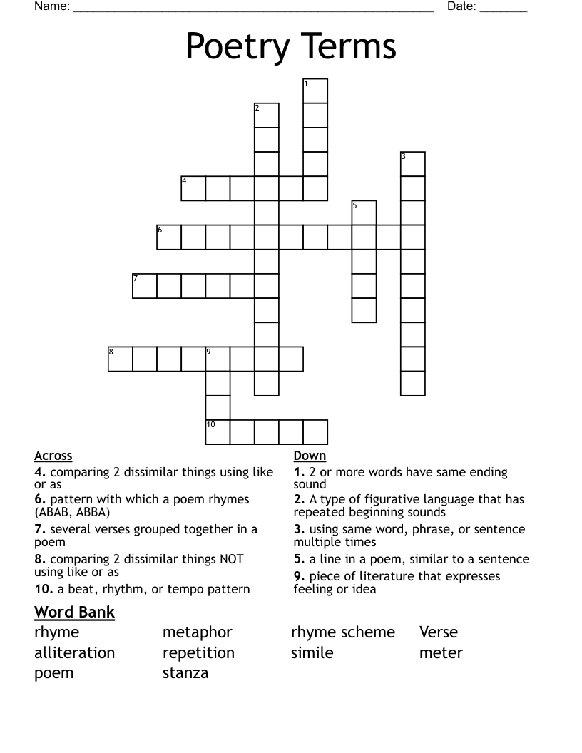 Poetry Terms Crossword