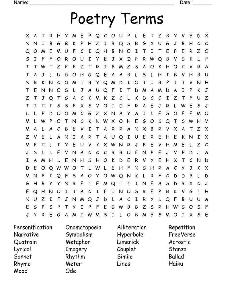 Poetry Terms Word Search