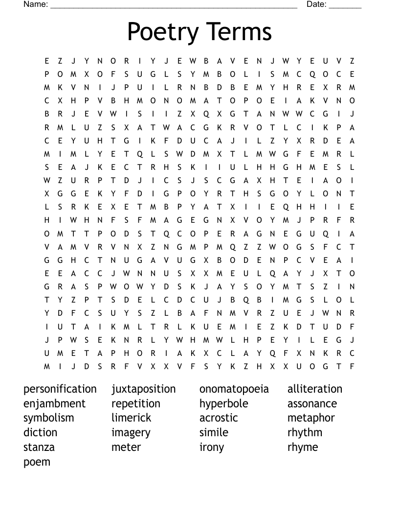 Poetry Terms Word Search