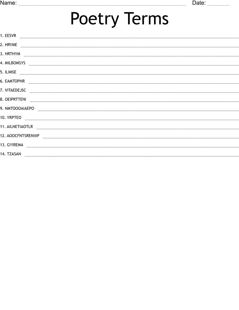 Poetry Terms Word Scramble