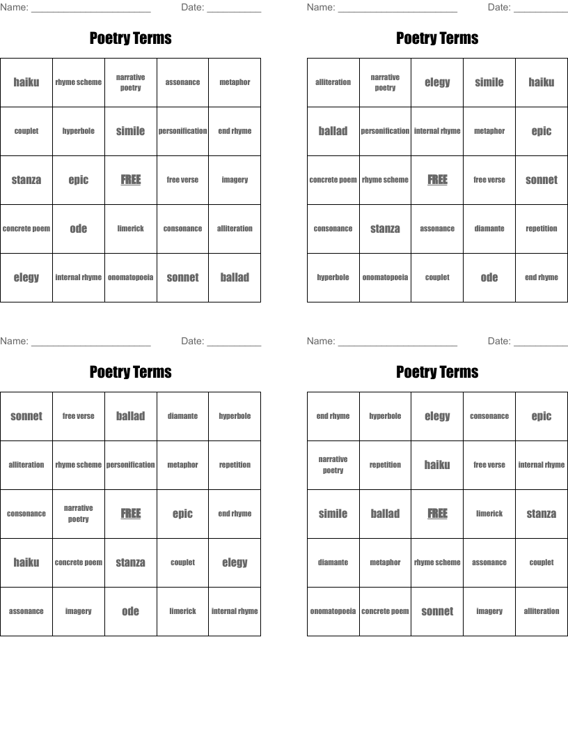 Poetry Terms Bingo Cards