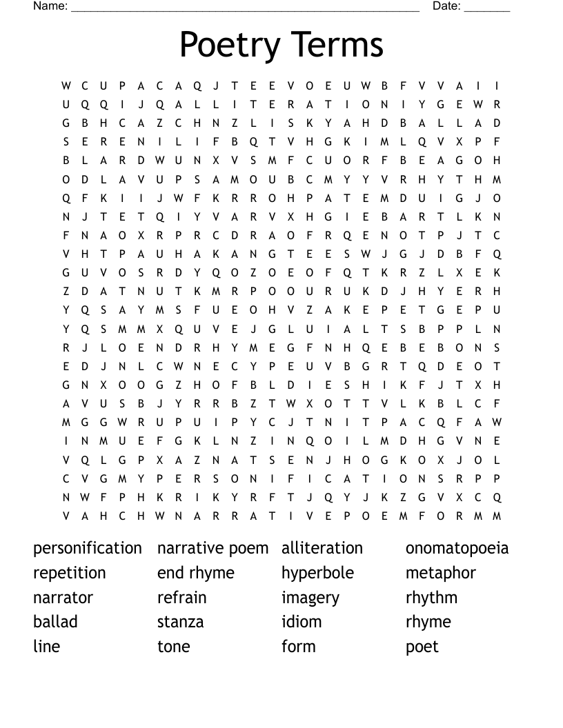 Poetry Terms Word Search