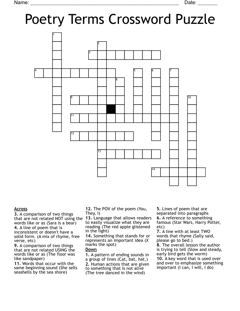 Poetry Terms Crossword Puzzle