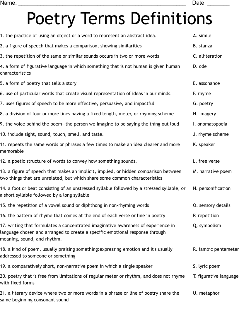 Poetry Terms Definitions Worksheet
