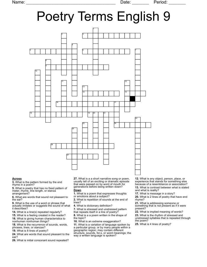 Poetry Terms English 9 Crossword