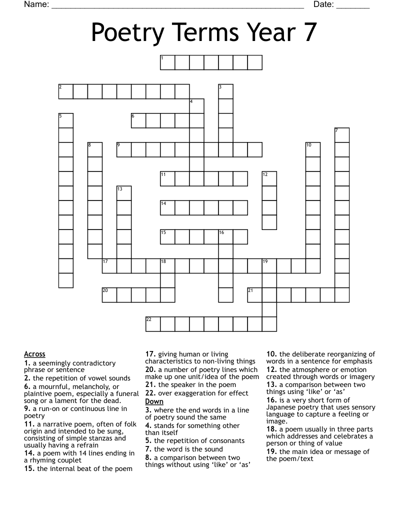 Poetry Terms Year 7 Crossword