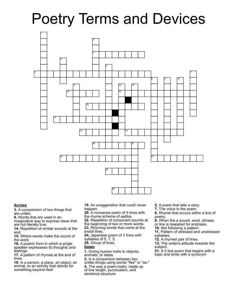 Poetry Terms and Devices Crossword