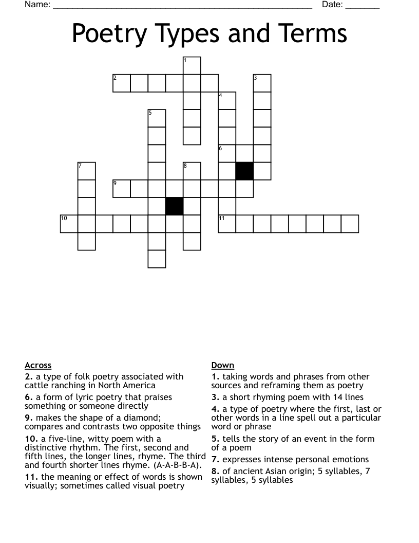 Poetry Types and Terms Crossword